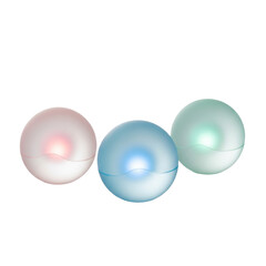 Three glowing pastel frosted glass spheres (pink, blue, green), varied translucency, on transparent surface, clean background with soft studio light. Serene minimalist still life concept