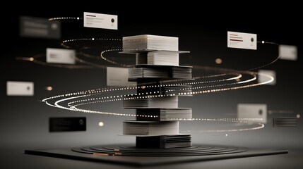 Stack of floating cards connected by glowing spiral trails of dots, abstract digital composition symbolizing data organization, information exchange, database connectivity and futuristic network syste