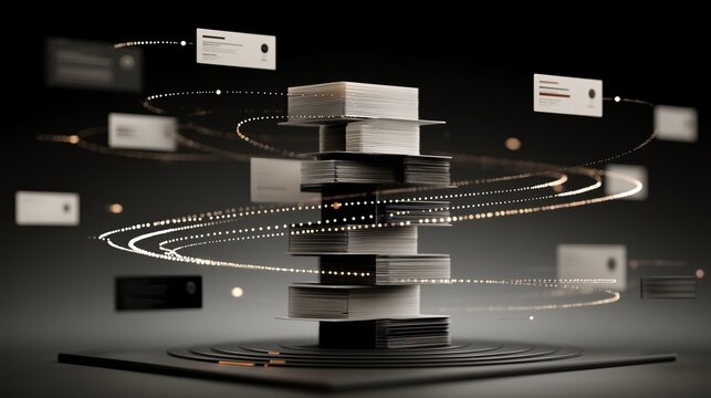 Stack of floating cards connected by glowing spiral trails of dots, abstract digital composition symbolizing data organization, information exchange, database connectivity and futuristic network syste