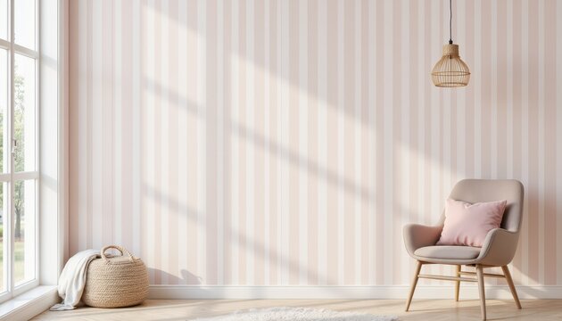 Striking pink striped wallpaper accentuating a chair in welllit room pink