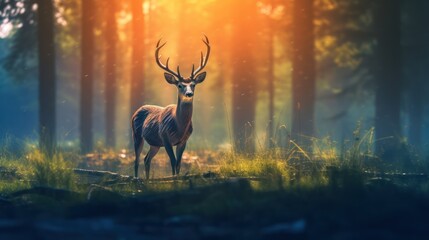 Obraz premium deer in forest, magical sunset light, detailed wildlife, cinematic composition, vibrant colors, depth of field, moody atmosphere, fog, lush foliage, magical realism, award-winning photography 