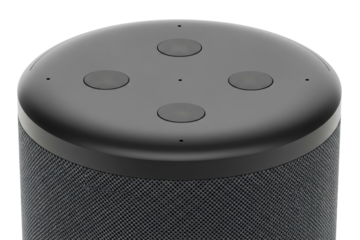 Top view of a smart home speaker with voice assistant buttons on a transparent background