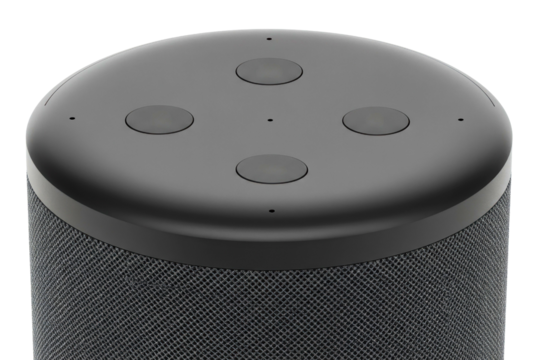 Top view of a smart home speaker with voice assistant buttons on a transparent background