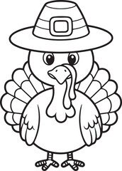 Cartoon Turkey Line Drawing with Pilgrim Hat Coloring Book Illustration