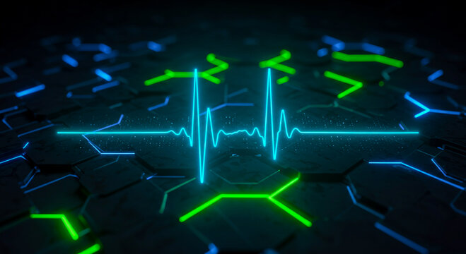 Futuristic Glowing Heartbeat Pulse Line on Hexagonal Grid Abstract Background