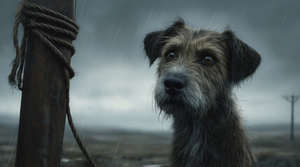 A sad, lonely dog tied to a post in the rain. Portrait of an abandoned scruffy terrier. Animal cruelty and welfare concept