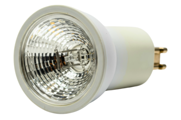 Halogen spotlight bulb with a bi-pin base and faceted reflector on a transparent background