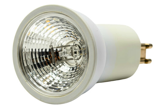 Halogen spotlight bulb with a bi-pin base and faceted reflector on a transparent background