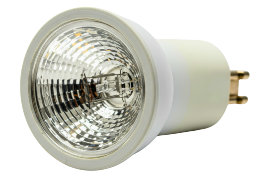 Halogen spotlight bulb with a bi-pin base and faceted reflector on a transparent background