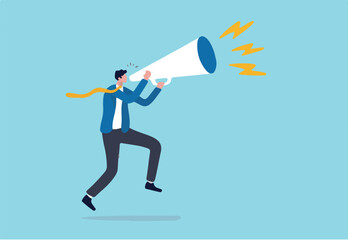 Business shout out, speaking out loud to communicate with co-worker or draw attention and announce promotion concept, confidence young businessman using megaphone speak out loud to be heard in public.