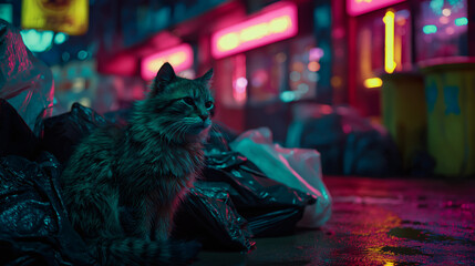 A stray cat sits among trash bags on a wet city street at night. Moody cyberpunk scene with vibrant pink and cyan neon lights. Urban animal survival concept