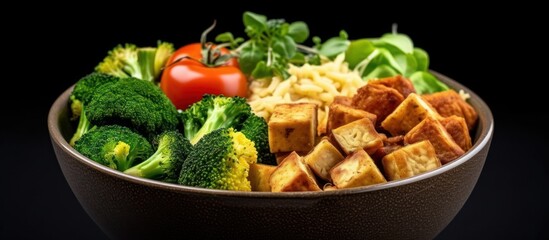 a bowl filled with fresh green salad, sliced tomatoes, grilled chicken, and croutons, shot on a black background, high contrast, vibrant colors, food photography, 8K resolution
