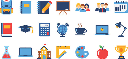 Colorful school and education icons set featuring backpack, books, laptop, globe, trophy, calendar, coffee, tools, and graduation cap.