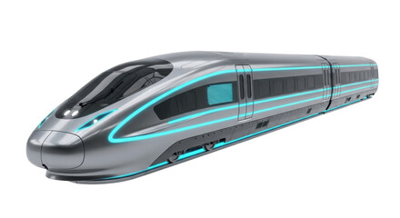 Sleek, futuristic dark grey metallic single-unit train model with glowing cyan light strips, seamless, no wheels, on white background, high-tech levitation concept