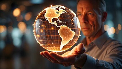 Fototapeta premium Man holding futuristic globe representing global technology and connectivity concept