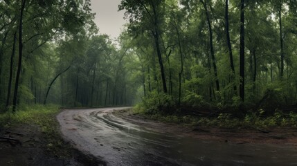 Fototapeta premium lush overgrown forest path, winding dirt road through dense green foliage, atmospheric moody lighting, gloomy cloudy day, realistic, highly detailed, 8k, unreal engine 