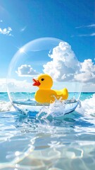 Yellow rubber duck floating in a clear glass bowl on ocean waves under blue sky.