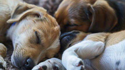 Dogs Sleeping Images, Showing scenes of dogs sleeping curled up on sofas, lying on carpets, nesting in dog beds, and snuggling with owners. Suitable for pet daily record matching images, pet product 