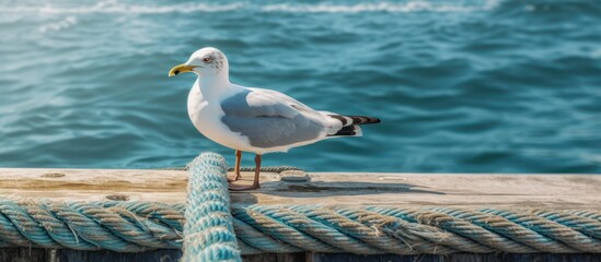 seagull perched on wooden pier,sea in background,tranquil ocean scene,natural lighting,detailed photorealistic 8k
