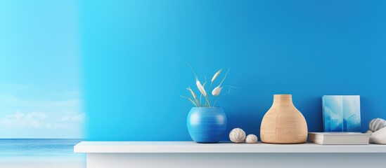 a minimalist still life scene, white shelf against a blue wall, vase with branches, spherical ceramic objects, natural lighting, simple composition, calming and serene atmosphere
