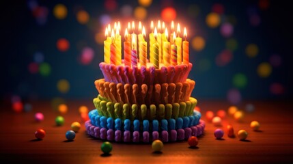 detailed, hyper-realistic, vibrant, colorful, birthday cake with multi-colored layers, covered in burning candles, bokeh background, 8k, high resolution, detailed textures, intricate design, sharp foc