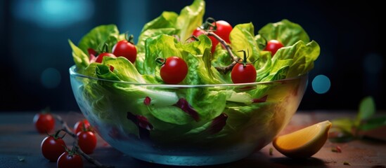 vibrant salad bowl, fresh organic greens, ripe tomatoes, crisp vegetables, earthy textures, vivid colors, dramatic lighting, food photography, high contrast, moody atmosphere, close-up, still life
