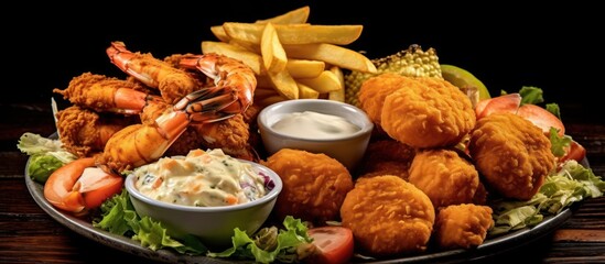 fried chicken, french fries, seafood platter, assorted sauces, garnished with lemon, parsley, and vegetables, delicious fast food, high contrast lighting, studio photography, food photography, gourmet
