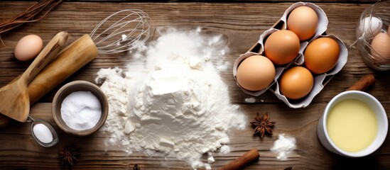rustic wooden table, flour, rolling pin, cracked eggs, baking ingredients, cooking utensils, traditional baking scene, warm natural light, still life photography, food preparation, culinary masterpiec