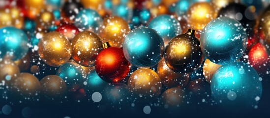 colorful christmas ornaments, bokeh background, holiday decor, shiny reflections, golden sparkles, twinkling lights, festive celebration, abstract composition, depth of field, vivid colors
