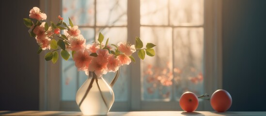 A glass vase filled with vibrant, delicate flowers in shades of pink and red, sitting on a wooden table with two red apples in the foreground, warm sunlight streaming in through a window, creating a c