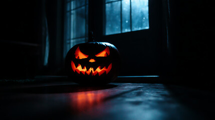 A creepy jack-o-lantern casting an eerie glow in a dark room (2)