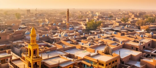 an ancient city skyline with a magnificent golden domed cathedral, medieval architecture, winding streets, and a hazy atmospheric lighting, detaitrending on artstation, cinematic, highly detailed, 8k
