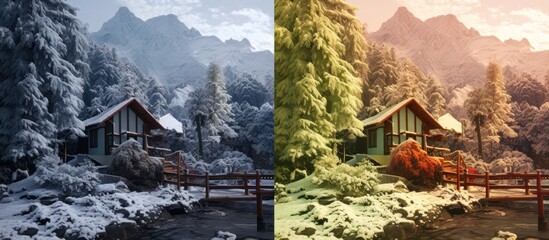 a snowy winter landscape with a cozy log cabin, a rushing stream, and snow-capped mountains in the background, a lush summer landscape with a log cabin, a rushing stream, and green mountains in the ba