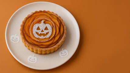 ハロウィンかぼちゃタルト｜粉砂糖デコレーションのスイーツ/Halloween Pumpkin Tart｜Powdered Sugar Decoration Dessert Generative AI