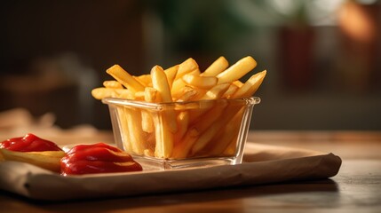 a bowl of golden french fries on a wooden surface, delicious crispy fries with ketchup, savory fried potato wedges, close-up shot of fast food snack, tempting junk food photography, rustic wooden tabl