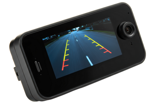 Car rear view backup camera monitor with parking assist grid lines on a transparent background