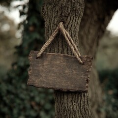 A weathered wooden sign hangs from a tree trunk, its aged surface displaying a muted brown tone, against a soft-focus background of foliage.