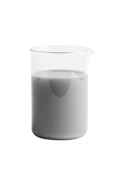 Minimalist frosted glass beaker, cylindrical, with viscous grey nutritional liquid, two-thirds full, isolated on transparent background, diffused studio light, sharp focus. Clinical efficiency.