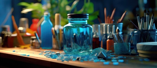 glass jars, colorful containers, art supplies, paintbrushes, creativity, studio setting, artistic atmosphere, vibrant colors, textured background, still life composition, rustic wooden surface, natura