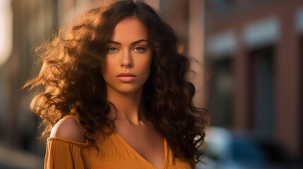 realistic woman with curly dark hair wearing orange top, detailed portrait, high resolution, cinematic lighting, photorealistic, smooth skin, intricate details, elegant facial features, studio lightin
