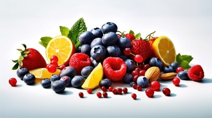a large assortment of various fresh and vibrant fruits, including strawberries, blueberries, raspberries, blackberries, grapes, lemons, limes, and oranges, arranged in a natural, cascading display aga