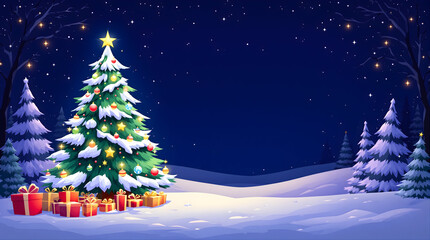Cartoon christmas tree in snow