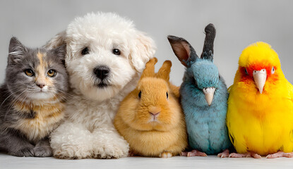 Cute group of various pet like dog cat parrot or rabbit isolated white background. furry domestic animal veterinary concept