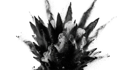 Violent, dynamic burst of dark charcoal ash and dense smoke, frozen in time with intricate swirling wisps, against a pristine transparent studio background with copy space. Concept of dynamic energy