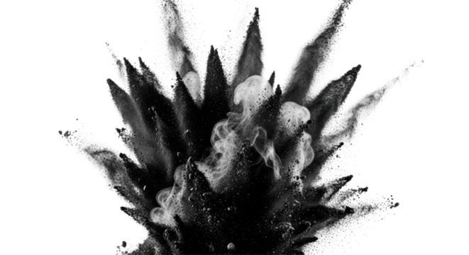 Violent, dynamic burst of dark charcoal ash and dense smoke, frozen in time with intricate swirling wisps, against a pristine transparent studio background with copy space. Concept of dynamic energy