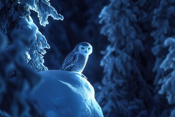 A snowy owl perched on a snow-covered rock in a winter forest at night.
