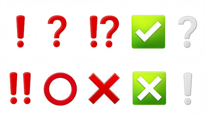 A collection of punctuation icons, exclamation marks, question marks, red crosses, green checkmarks, and combinations of exclamation and question marks. Perfect for graphic design and chat application