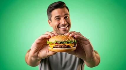 Happy Young Man Holding Delicious Cheeseburger Sandwich in Front of Bright Green Background for Food, Lifestyle, and Culinary Advertising, Catering, and Restaurant Promotion