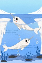 Illustration of a friendly narwhal swimming in cold polar waters with a papercut style   © veensahand_art🍅