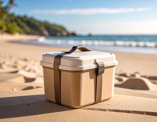 A vibrant beach scene featuring a colorful cooler resting on the warm sand, surrounded by sunbathers, beach towels, and gentle waves lapping nearby.